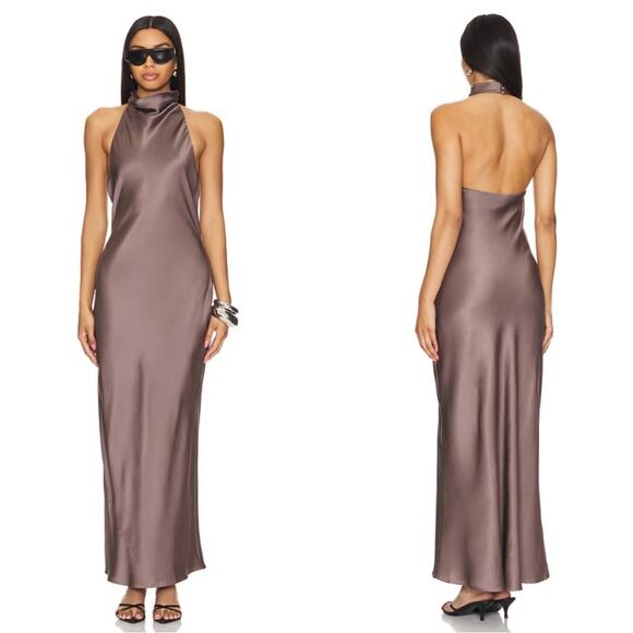 Anine Bing Eliana Silk Halterneck Maxi Dress in Iron Brown Size Small - Picture 1 of 9